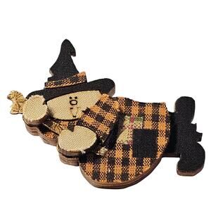 Wooden Witch Scarecrow Brooch Pin 2.39" Plaid Fabric Fall Halloween Handmade